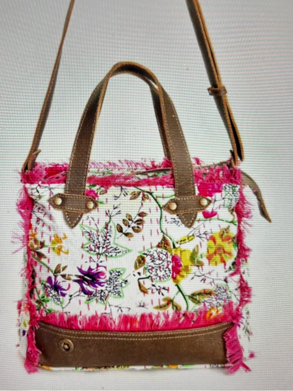 Myra Bag White Floral Crossbody with Pink Fringe and Brown Trim